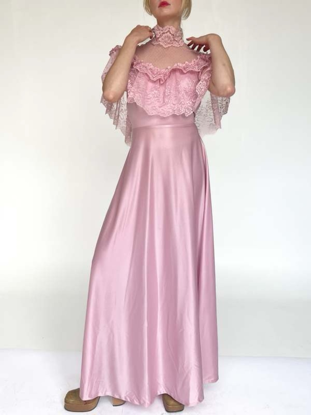 Vintage 80s JC Penney Lace Prom Maxi Dress Light Pink Modern 10/12 Prairie Gown - Picture 4 of 13